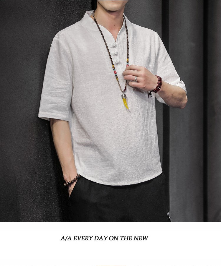 2023 Men Summer Cotton Linen Tang Shirt Men Chinese Style Button Short-Sleeved Shirts Male Blouse Vintage Kung Fu Hawaiian Shirt