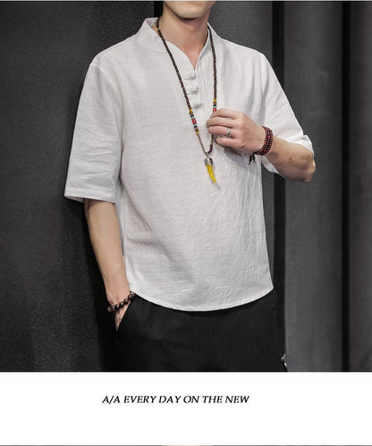 2023 Men Summer Cotton Linen Tang Shirt Men Chinese Style Button Short-Sleeved Shirts Male Blouse Vintage Kung Fu Hawaiian Shirt