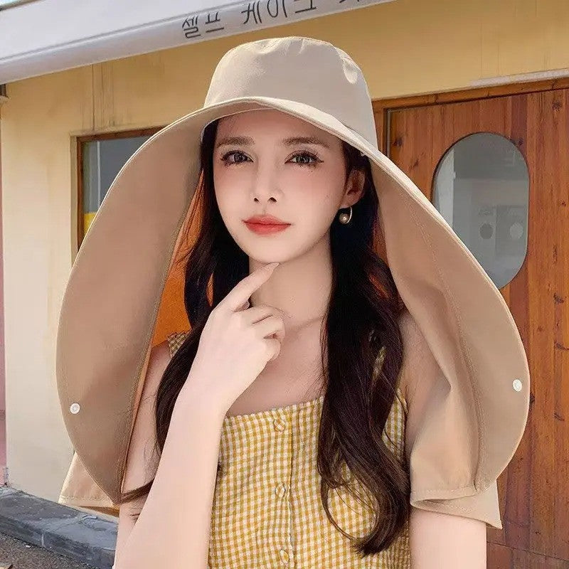Women Summer Sun Hat with Wide Brim UV Protection, Ponytail Design Neck Shawl for Outdoor Fishing Hiking