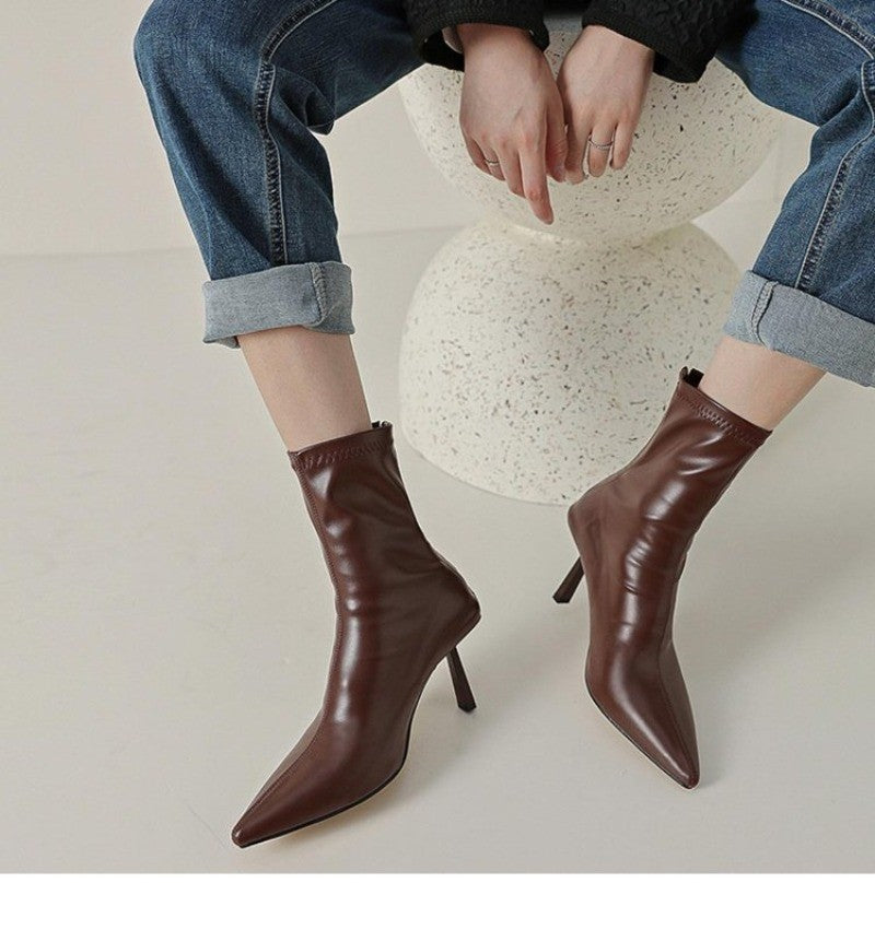 2024 New Autumn Winter Pointed Toe Women Ankle Boots Fashion Zipper Shoes Thin High Heel Women's Morder Short Booties D214