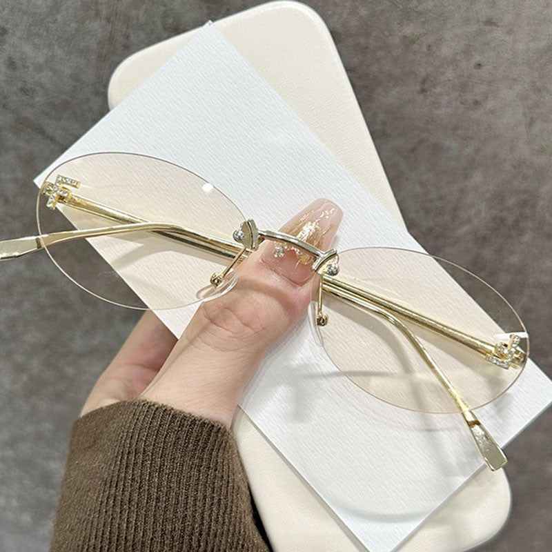 Diamond Letter "F" Rimless Sunglasses Women Luxury Brand Metal Frame Black Small Oval Sun Glasses Unsiex Elegant Shades UV400