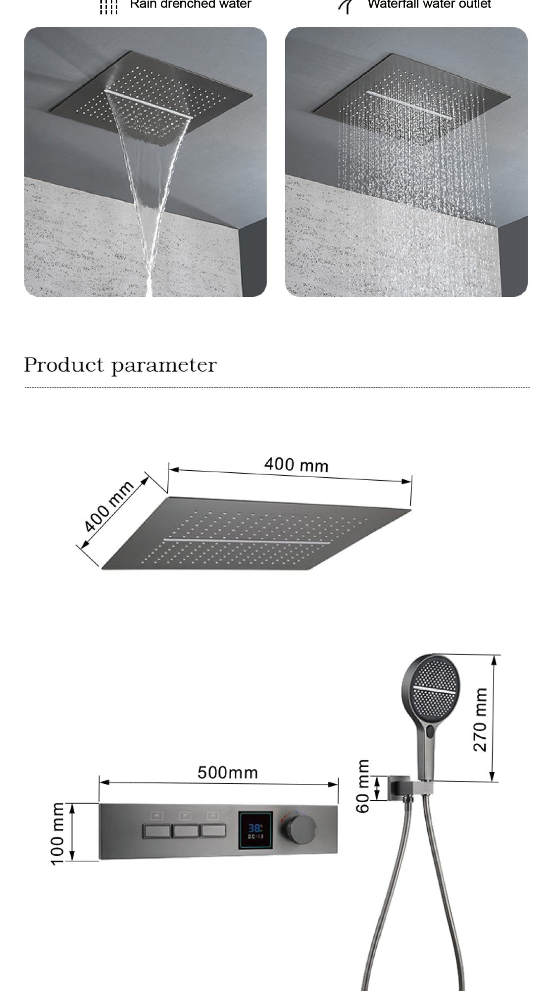 Sistema de chuveiro de latão Gunmetal luxuoso para banheiro com display de temperatura LED embutido no teto, 2 funções (chuva/cascata)