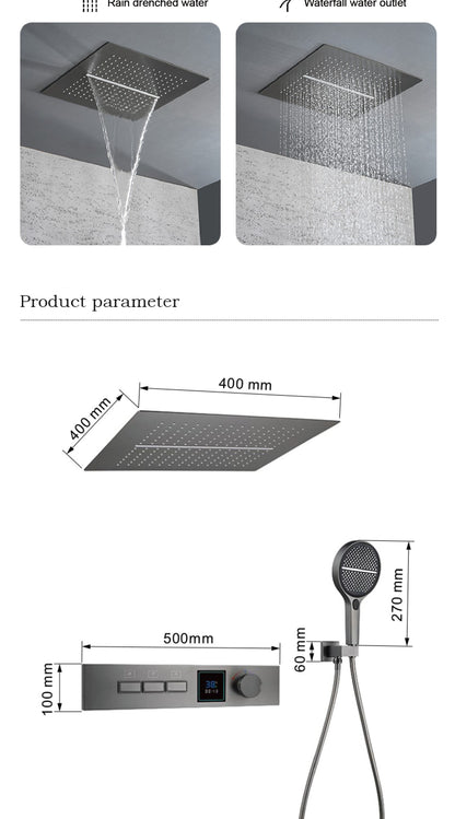 Sistema de chuveiro de latão Gunmetal luxuoso para banheiro com display de temperatura LED embutido no teto, 2 funções (chuva/cascata)