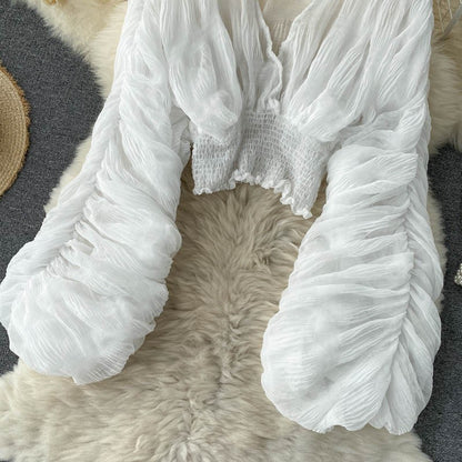 Summer Sexy Draped Chiffon Blouse For Women Elegant V-Neck Puff Long Sleeve Short Tops Female Slim Party Shirts 2022 New Fashion