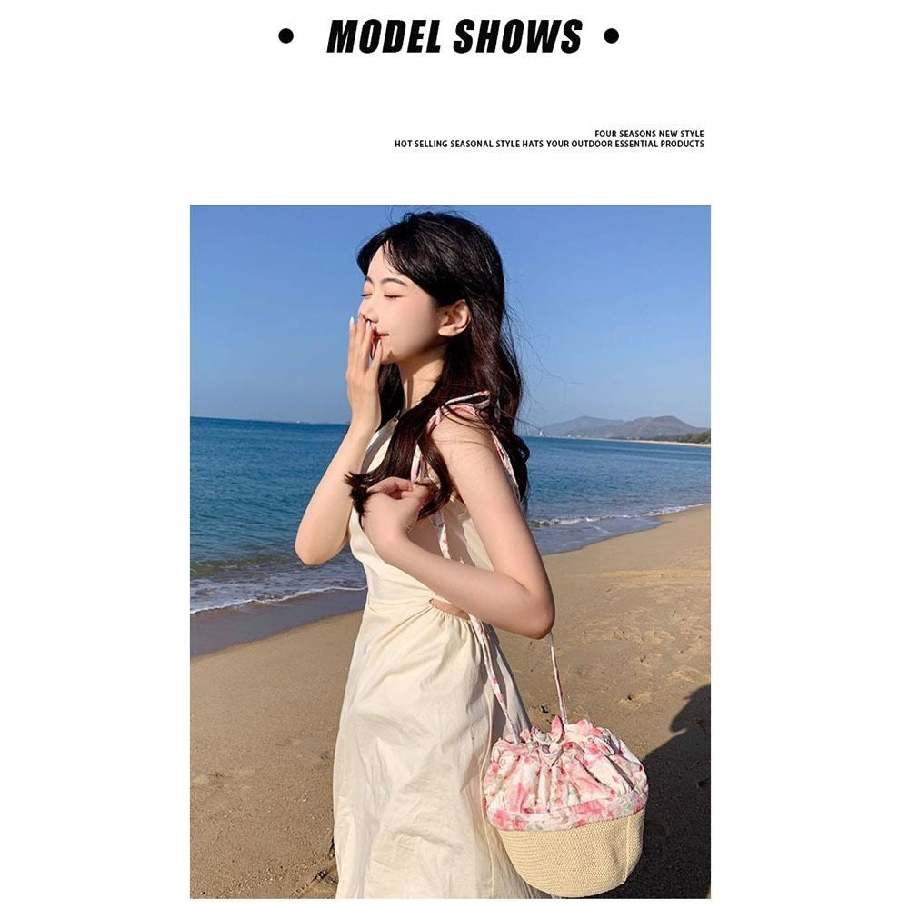 Fashion Flower Print Straw Hat Sun Protection Wide Brim Beach Hat Can Be Used As Bag Breathable Visor Hat Outdoor