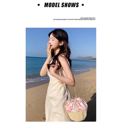 Fashion Flower Print Straw Hat Sun Protection Wide Brim Beach Hat Can Be Used As Bag Breathable Visor Hat Outdoor