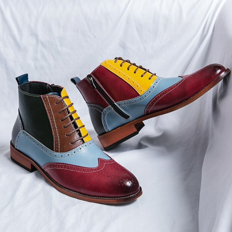 Luxury Fashion Men Leather Boots Flats British Style Sharp Pointed Color Matching Men Shoes Mens Slip-on Outdoor Flats Size 48
