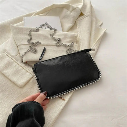 Street Pu Leather Underarm Tote Bag Rivet Korean Style Vintage Shoulder Bag Chain Strap Square Luxury Handbag Outdoor