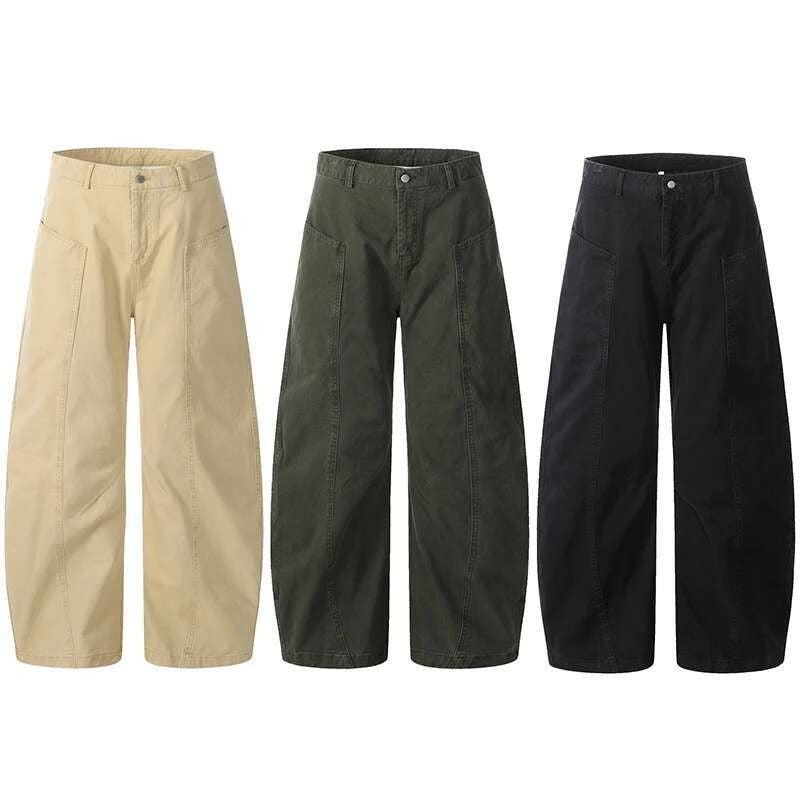 Calça Cargo Masculina de Verão, Nova, Cor Sólida, Lavada, com Corte em Curva, Calça Simples de Perna Larga, Solta, Masculina, Cleanfit, Parte de Baixo N6TY