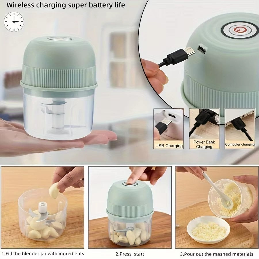 Mini processador elétrico portátil USB de 260ml para alho, triturador de alho com 2 lâminas, moedor de carne elétrico, picador de vegetais pequeno utensílio de cozinha