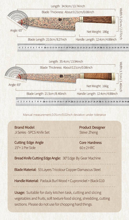 XINZUO Conjunto de 1-5 Peças de Facas para Legumes, Multiuso, Santoku, Chef, Bunka, Aço Damasco de Cobre Tricolor com 53 Camadas, Núcleo 12Cr18MoV, Dureza 60±2 HRC, com Caixa de Acácia