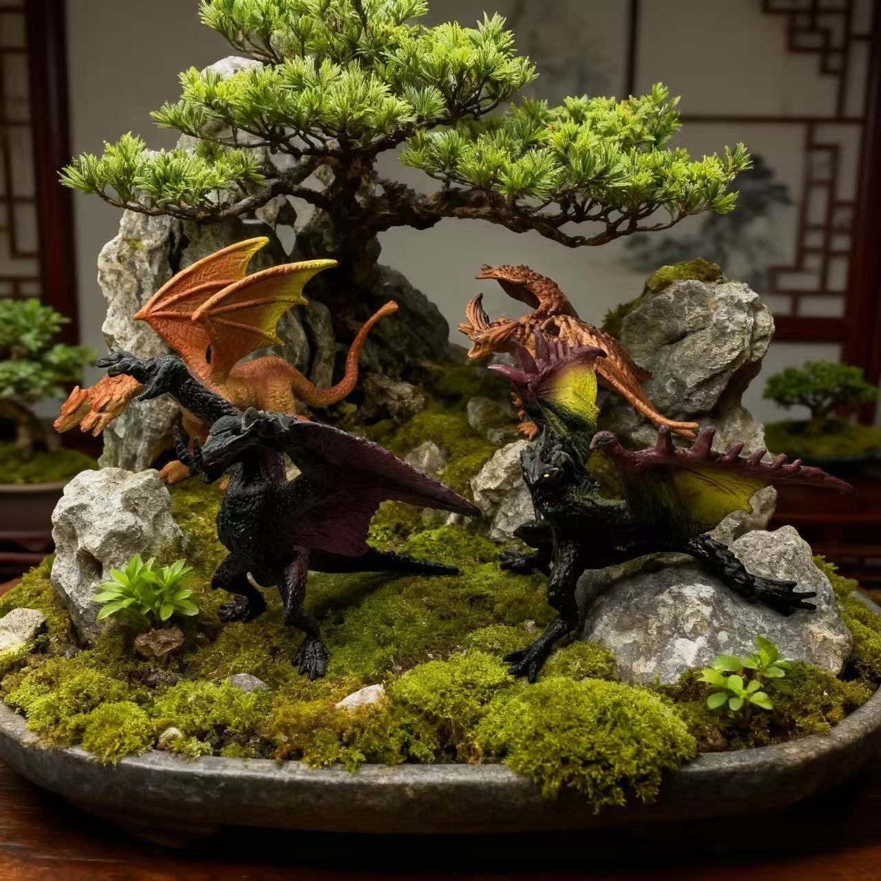 Figuras de ação de dinossauros jurássicos simulados. Parque de dinossauros. Pterodáctilo, Anquilossauro, Diplodoco. Decorações de modelos. Brinquedos. Criança