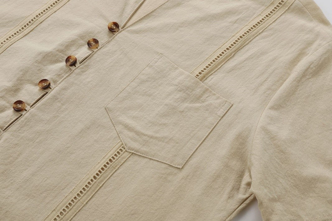 Men's Retro Cotton And Linen Set, Spring And Autumn Fashion Stand-up Collar Pocket Long Pants Long-sleeved Two-piece set