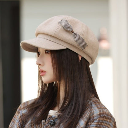 Retro Wool Bow Beret Solid Color Warm Painter Hat Versatile Y2k Newsboy Hat Female