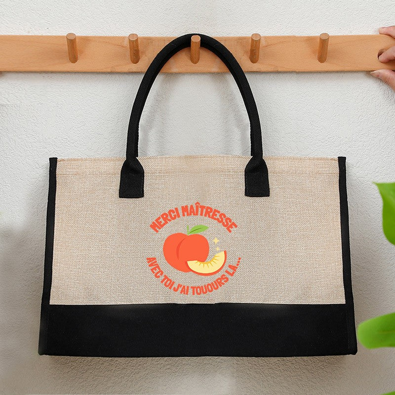 French Quote Peach Print Canvas Tote Bag Teacher Gift Beach Bags Casual Shoulder Bag Women Daily Handbag