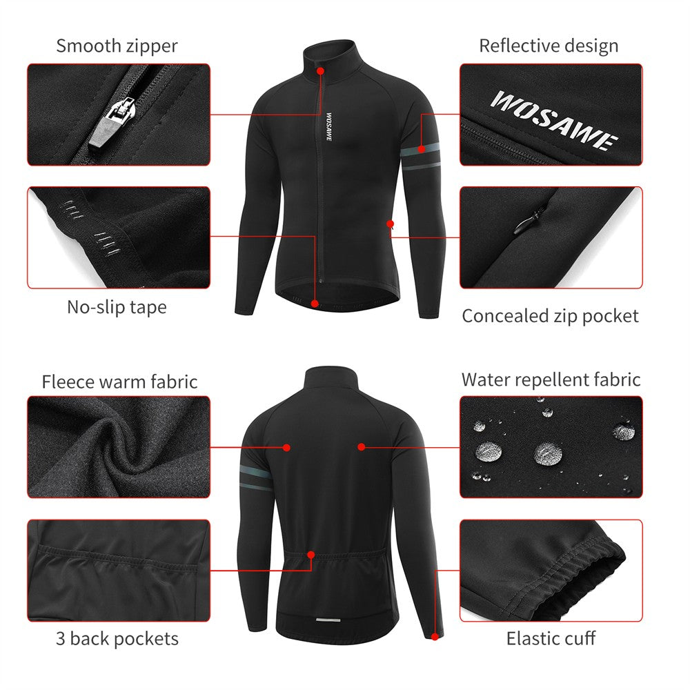WOSAWE Winter Cycling Jacket Mens Fleece Warm Long Sleeve Bike Jacket Thermal Fabric MTB Bicycle Jersey Long Jersey