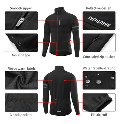 WOSAWE Winter Cycling Jacket Mens Fleece Warm Long Sleeve Bike Jacket Thermal Fabric MTB Bicycle Jersey Long Jersey