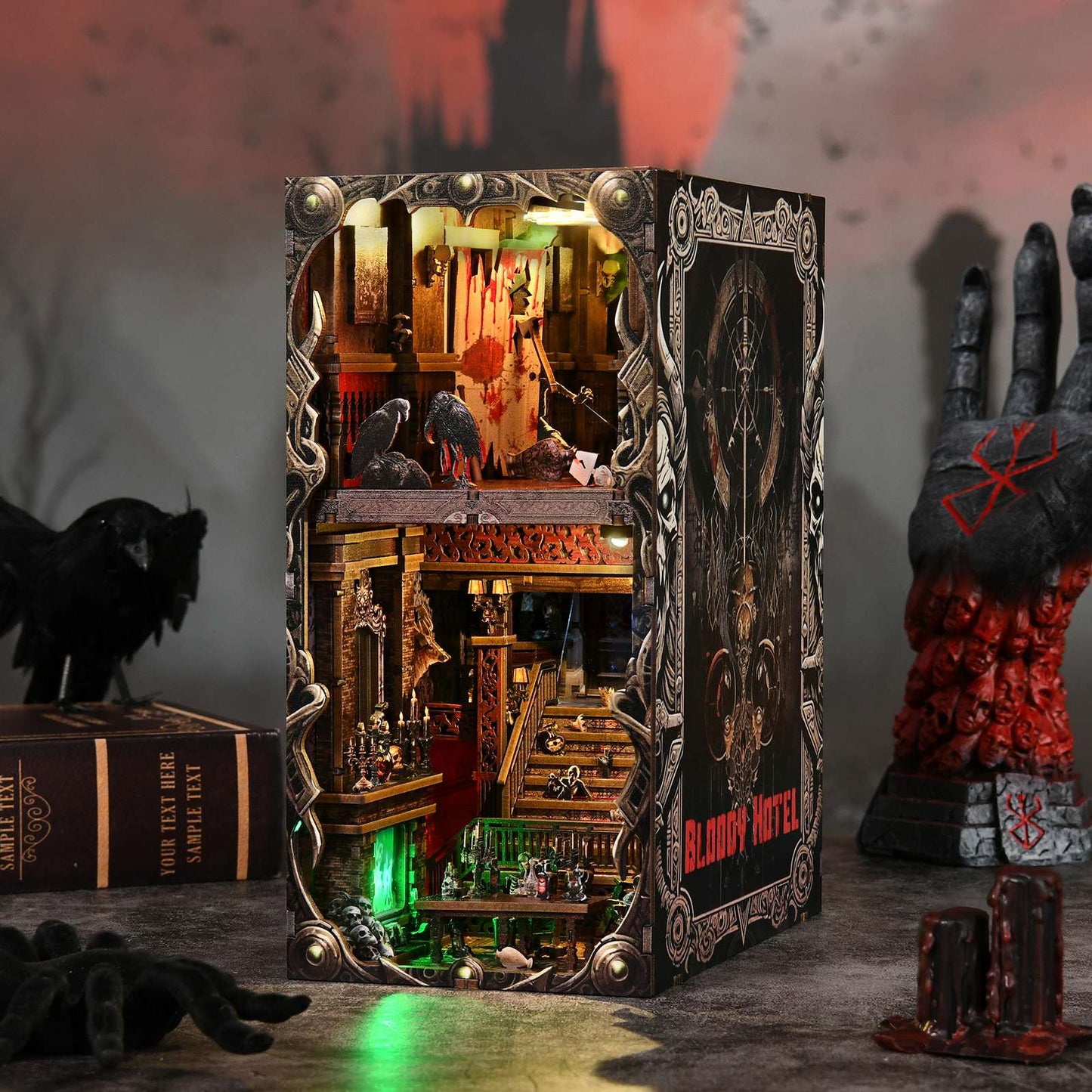 DIY Book Nook Kit Hotel of Terror Wooden Bookshop Dollhouse with Light Dynamic Video Bookshelf Insert 3D Puzzle Decor for Gift