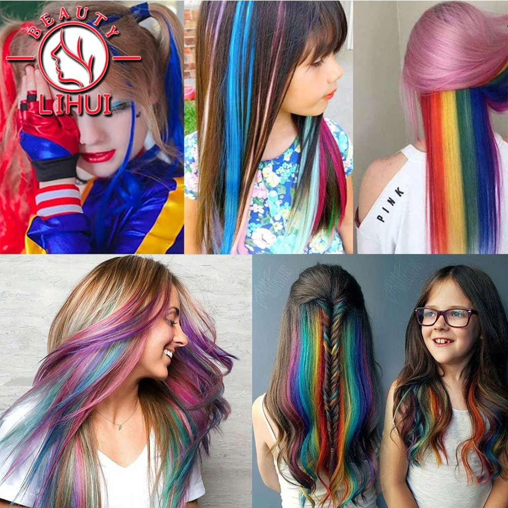 LIHUI Longo Liso Colorido Aplique de Cabelo Extensões de Cabelo com Clipe Mechas Arco-Íris Destaque Cabelo Sintético Rosa em Clipe