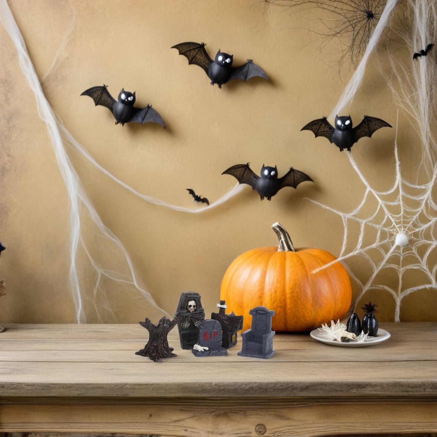 12pcs Mini Resin Figures Spooky Graveyard Decorations Miniature Tombstones Coffin Props For Indoor Outdoor Halloween Party