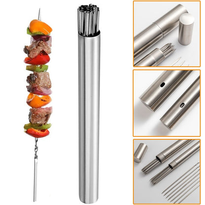 50Pcs Espeto de Churrasco de Aço Inoxidável Portátil Reutilizável com Tubo Espeto de Kebab de Ferro para Ferramentas de Acampamento e Piquenique ao Ar Livre