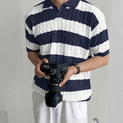 Men's Polo Short Sleeve Retro Knit Lapel Striped Short Sleeve Fashion Popular Knitwear Casual Breathable Top US Size