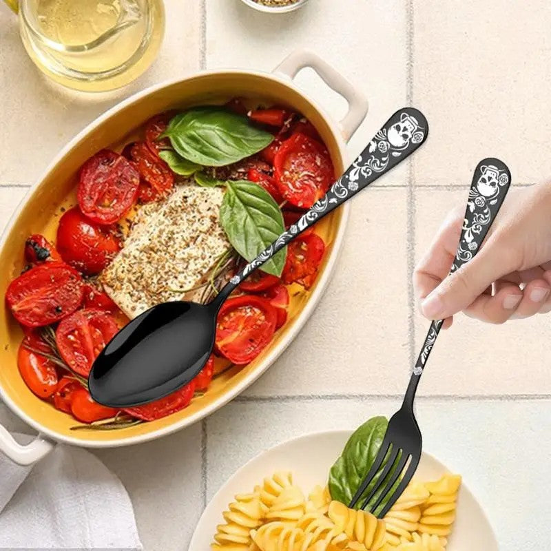 Presentes de Halloween Conjunto de talheres de aço inoxidável com caveira moderno Garfo e colher Conjunto de 4 peças Garfos de cozinha portáteis e