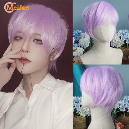 Peruca MEIFAN Sintética Curta para Cosplay Lolita Anime Masculina Cabelo Liso Masculino Fibra de Alta Temperatura Rosa Azul Louro Ombré Preto Peruca