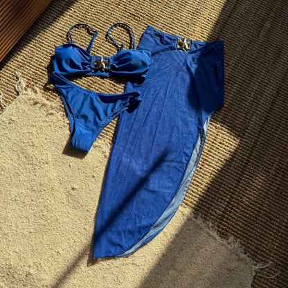 Womens 3 Piece Bikini Sets Sexy Bandeau Swimsuits for Women Lace Up Mid Rise Ruched Strapless Bathing Suits