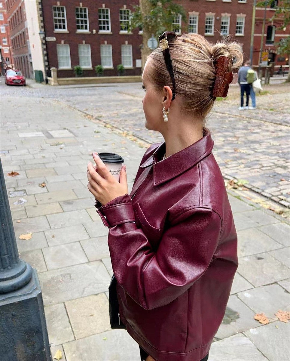 Jaqueta Feminina de Couro Sintético Vermelho Vinho Vintage, Casaco Moderno com Zíper e Lapela, Casacos de Outono Inverno, Blusas Curtas Femininas Estilo Streetwear