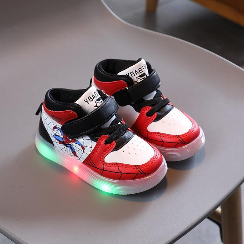 Disney Children's Sneakers Boys Girls Spiderman Led Light Sport Shoes Student Shoes Hook Anti-slip Kids Outdoor Basket Shoes