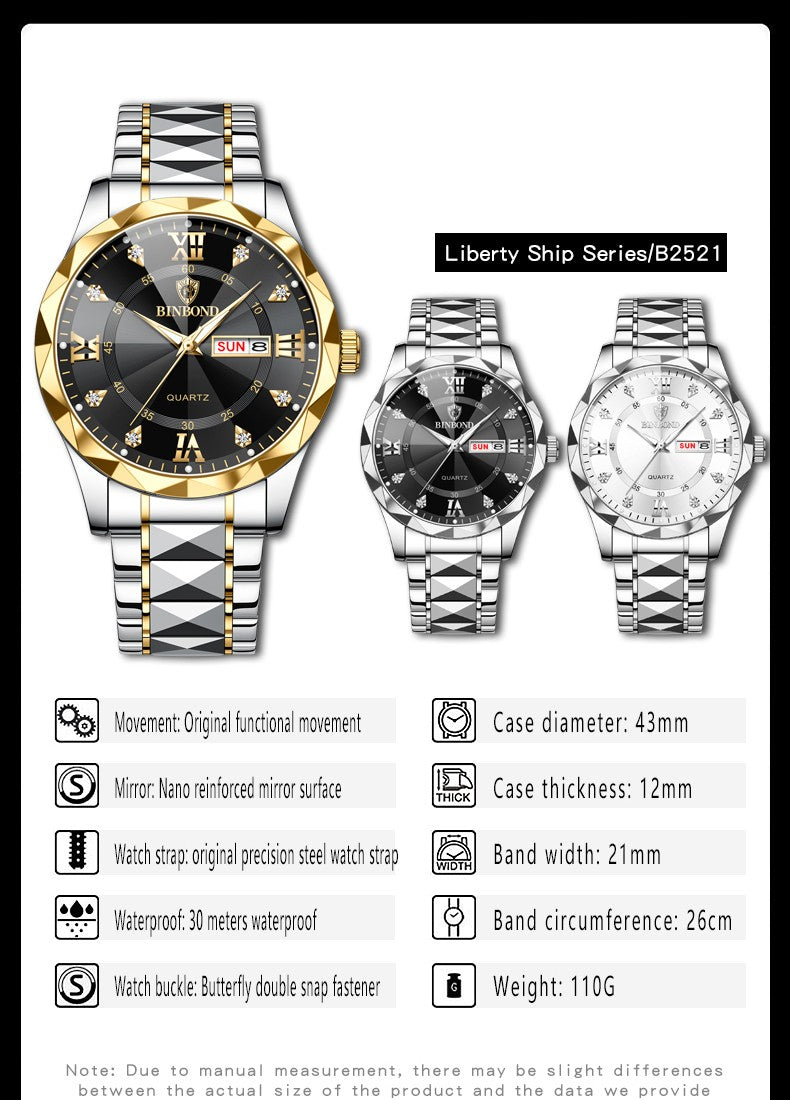 BINBOND Top Brand Luxury Man Wristwatch Waterproof Luminous Date Week Men Watches Stainless Steel Quartz Men's Watch Male reloj