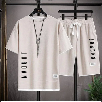 2025 Elegant casual T-shirt and shorts set for men's sports suit loose and comfortable summer waffle set for men