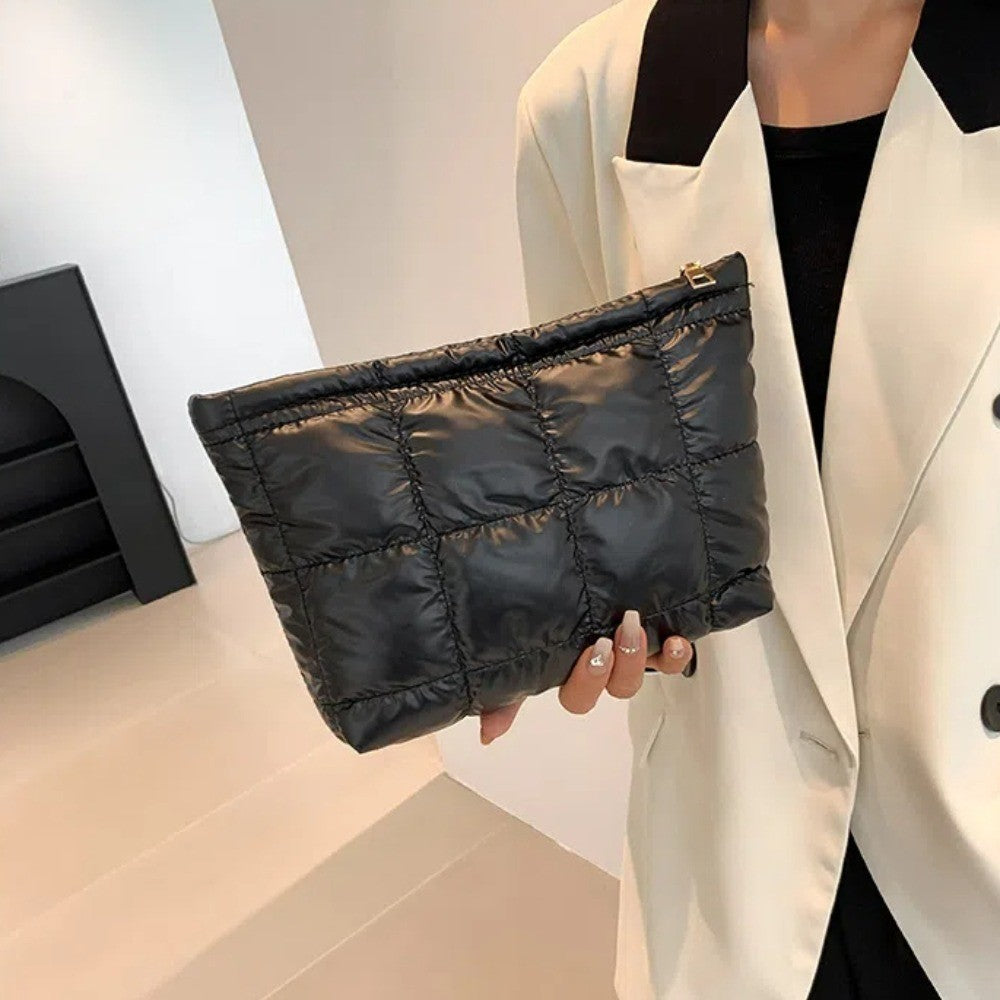 Cotton Filled Puffer Pouch PU Leather Storage Purse Puffer Padded Makeup Bag Waterproof Solid Color Thick Plaid Clutch Bag Work