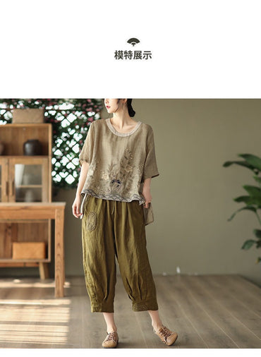 Cotton Linen Embroidered Floral Blouses Women's Chinese Classic Loose Shirt Top Casual Retro O Neck Short Sleeve Summer Shirts