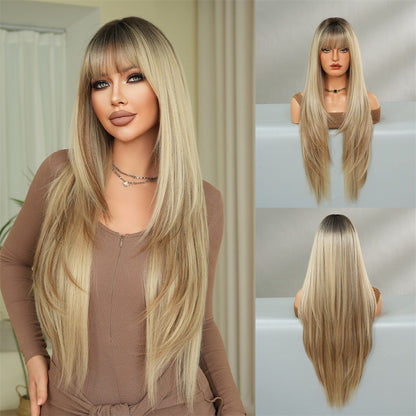 Peruca feminina dourada e branca, moderna com cabelo liso ultralongo, peruca preta completa, com franja e cobertura total da cabeça,