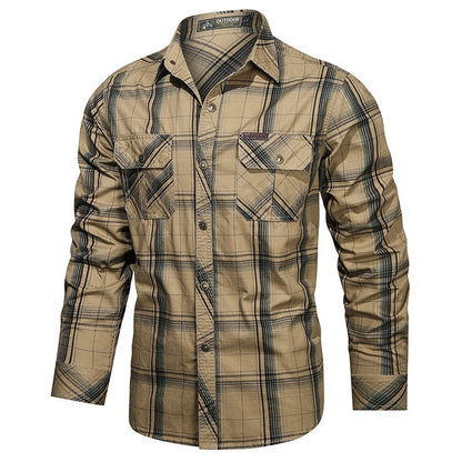 2024 New Plaid Shirt for Men Long Sleeve Striped Outdoor Casual Shirts Turn-down Collar 2-Pokcet Cargo Shirts High Quality Tops