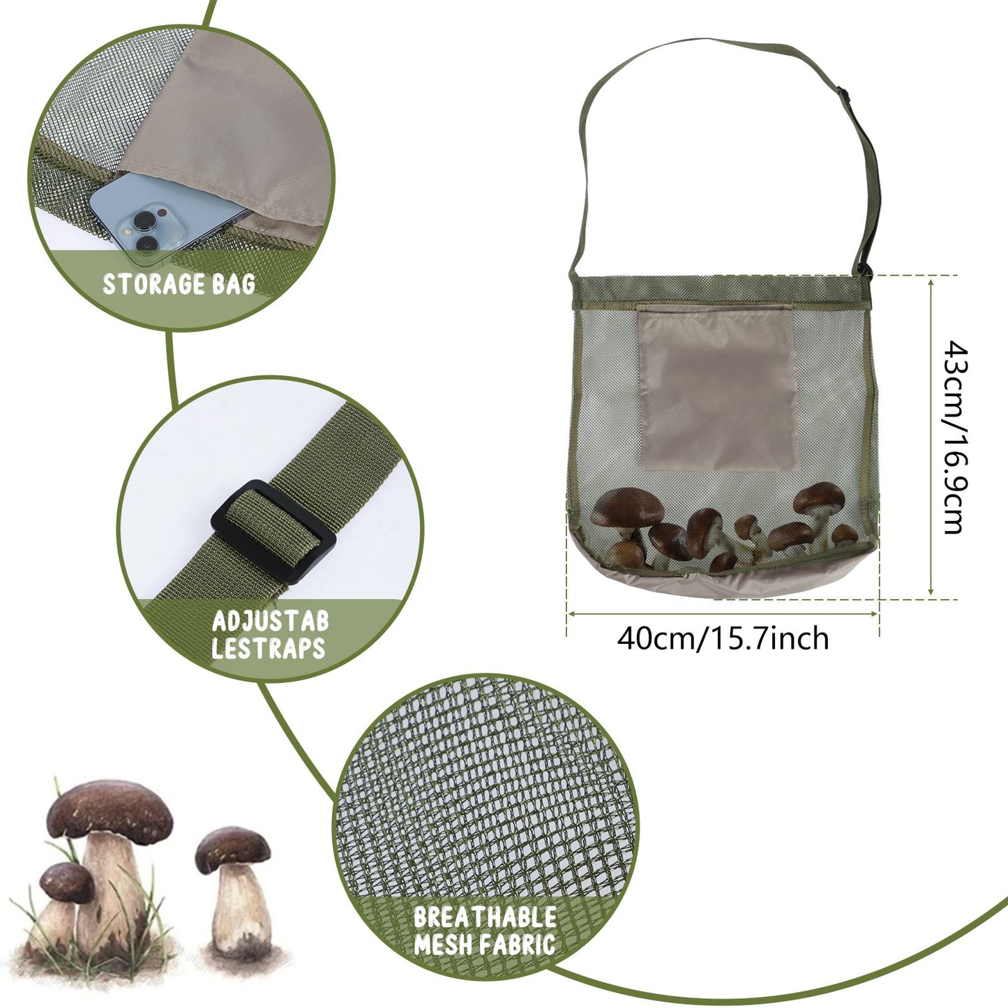 1/2Pcs Multipurpose Storage Bag Mesh Mushroom Foraging Bag With Adjustable Shoulder Strap Large Capacity Outdoor Shopping Pouch