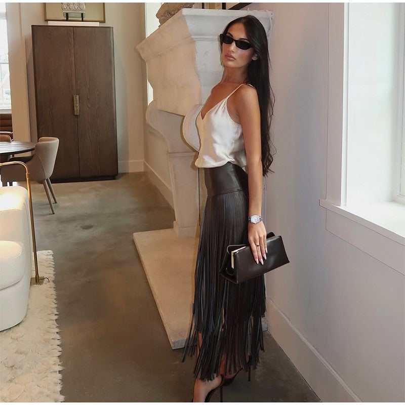 Tassel Leather Midi Skirt Women Solid High Street High-waist A-line Bodycon Long Skirts Spring Summer 2026 Chic All-match Outfit