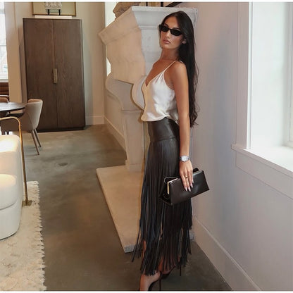 Tassel Leather Midi Skirt Women Solid High Street High-waist A-line Bodycon Long Skirts Spring Summer 2026 Chic All-match Outfit