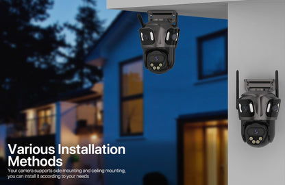 Câmera IP WIFI de Três Telas Externa 4K Lente Dupla Câmera PTZ Detecção Humana por IA Câmera de Segurança de Vídeo CCTV IP66 à Prova D'água iCsee