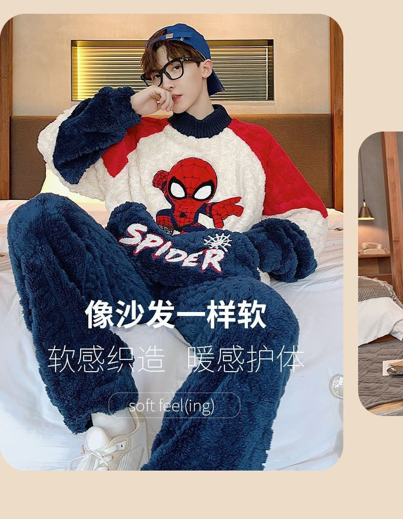 Conjunto de Pijama Masculino Homewear Marvel Homem-Aranha Anime Novo Bonito Desenho Animado Criativo Padrão Simples Moda Flanela Macia Engrossada Quente