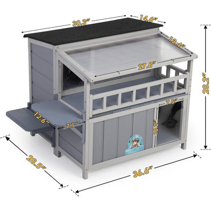Casa de Gato Isolada Externa de 2 Andares Abrigo de Gato de Madeira Quente com Telhado Solar Varanda Plataformas de Salto Recinto para Gatos de Estimação