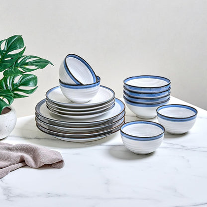 Siterra Santorini Conjunto de Louça de Grés de 16 Peças - Serviço para 4 Pessoas, Pratos e Tigelas, Branco Rústico com Esmalte Azul Reativo