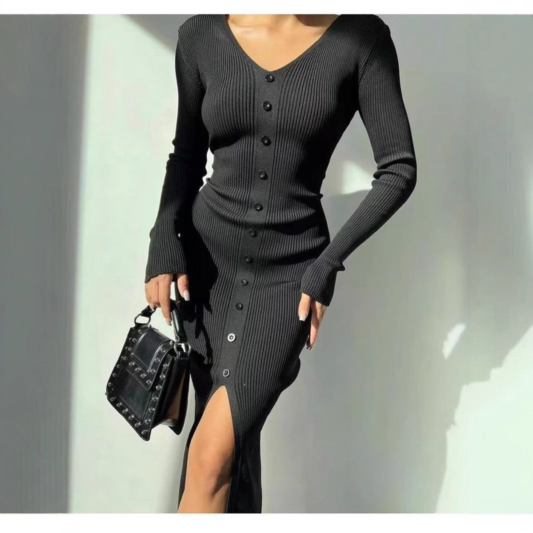 2025 Knitted Dress For Women Vintage Fashion Long Sleeve Dresses Solid Single Breasted V Neck Midi Autumn Winter Dress ???????