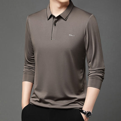 New Men's Business Casual Long Sleeved Shirt with Badge Solid Color Polo Shirt Fashionable Breathable Comfortable Versatile Top