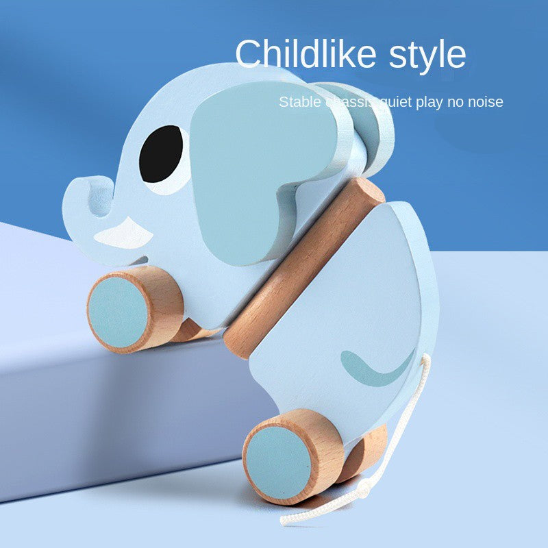 Wooden children's elephant pulling rope cart, towing toys, baby boy, baby girl toddler, children's gifts, early education toys