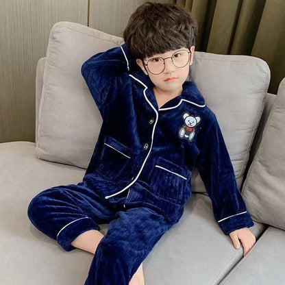 Boys Autumn Winter Thickened Flannel Coral Fleece Pajama Set Warm Kids Sleepwear Homewear