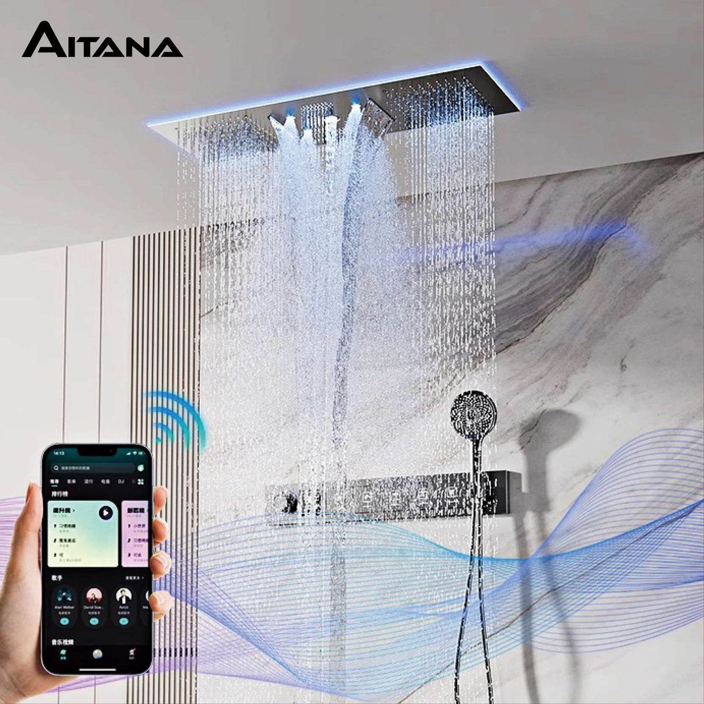 AITANA Sistema de Chuveiro Termostático de Luxo com Display LED em Latão Escurecido, Banheiro, Teto Embutido, Cortina Gigante de Chuva