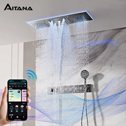 AITANA Sistema de Chuveiro Termostático de Luxo com Display LED em Latão Escurecido, Banheiro, Teto Embutido, Cortina Gigante de Chuva
